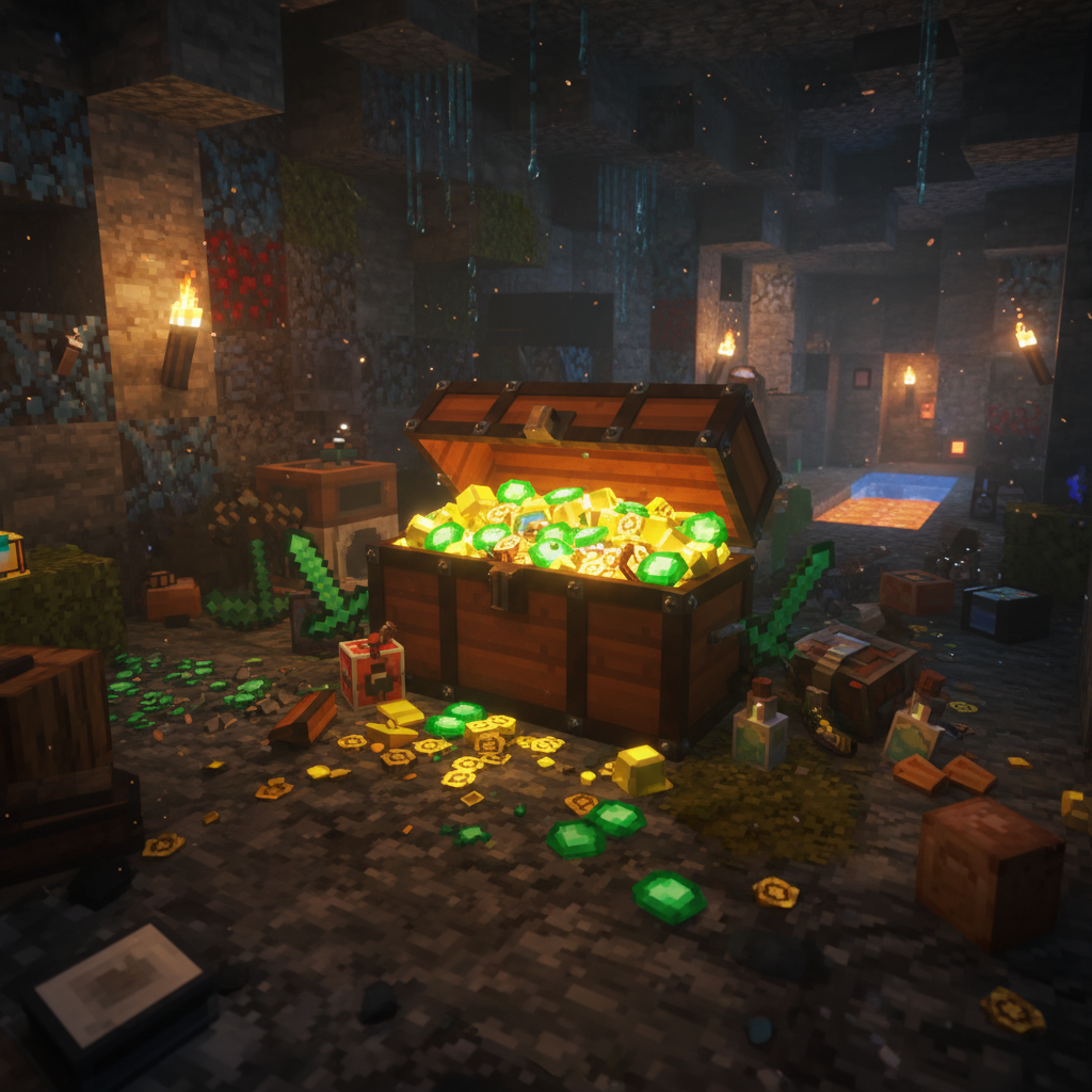 Cinematic Minecraft treasure chest overflowing with emeralds and gold